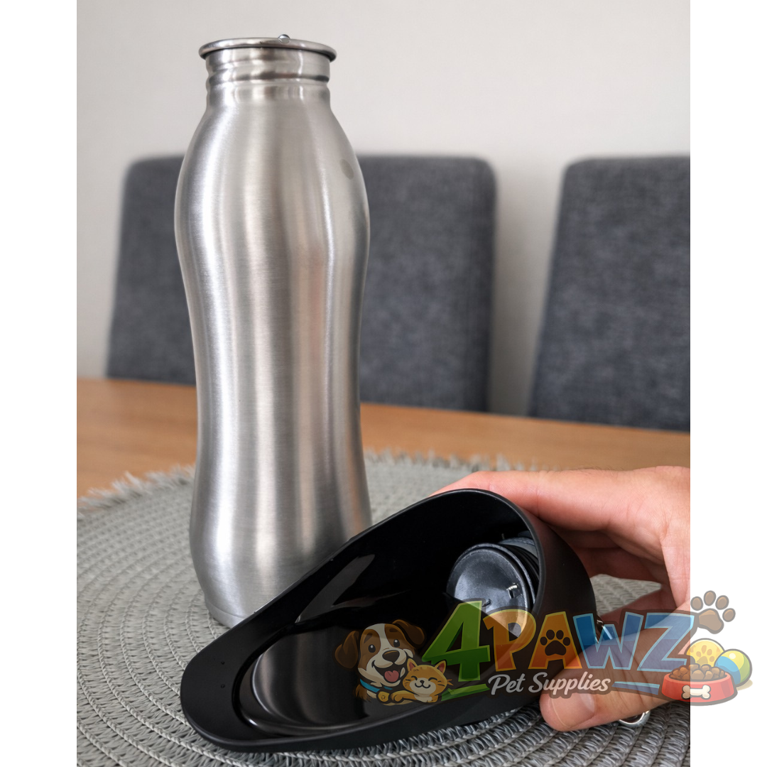 4PAWZ Pet Travel Water Bottle - 750ml Stainless Steel with Drinking Bowl