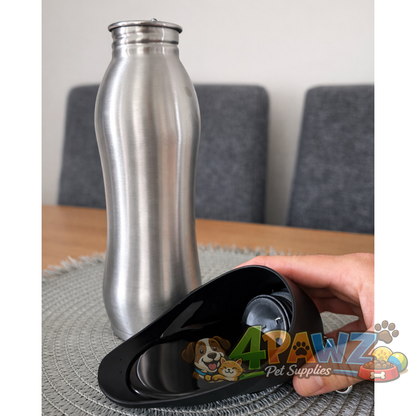 4PAWZ Pet Travel Water Bottle - 750ml Stainless Steel with Drinking Bowl